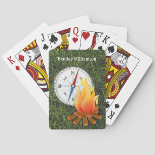 Camping campfire and compass Personalise Playing Cards