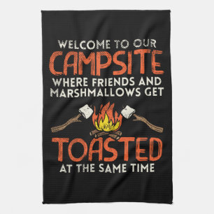 Camping Campfire and Marshmallows Tea Towel
