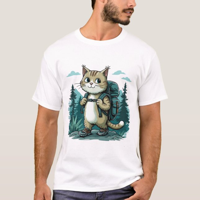 camping Cat. Cute cat wearing a backpack funny T-Shirt (Front)