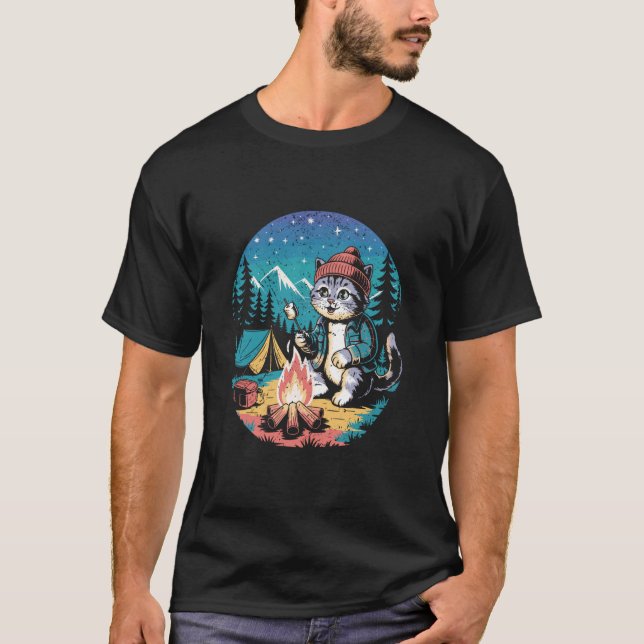 Camping Cat Roasting Marshmallow Campfire Adventur T-Shirt (Front)