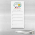 Camping Checklist Pink Trailer Beach Magnetic Notepad<br><div class="desc">Illustration of pink camper travel trailer parked next to the beach at sunset next to a palm tree and flamingos.  Personalise the name.  Delete lines if not wanted.</div>