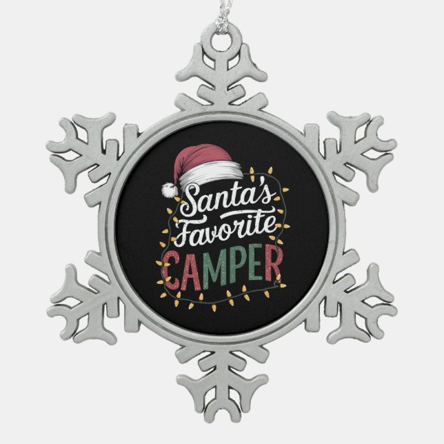 Camping Christmas Santa's Favourite Camper Gift Snowflake Pewter Christmas Ornament (Front)