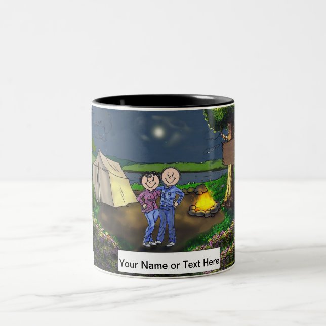 Camping Couple  Cartoon Two-Tone Coffee Mug (Center)