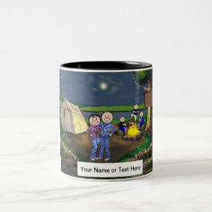Camping Couple, Three Children Cartoon Two-Tone Coffee Mug