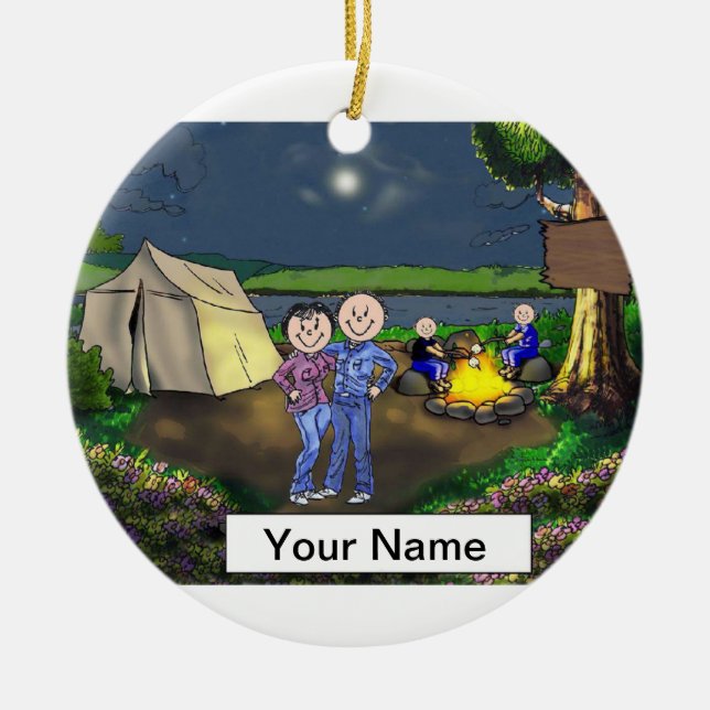 Camping Couple, Two Children Ceramic Ornament (Front)