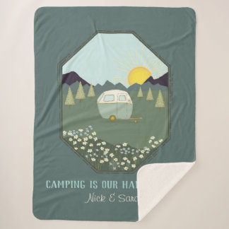 Camping Couples Outdoors Camp Trailer Personalised Sherpa Blanket
