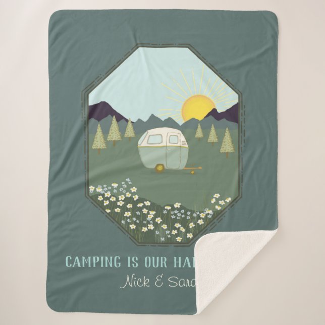 Camping Couples Outdoors Camp Trailer Personalised Sherpa Blanket (Front)