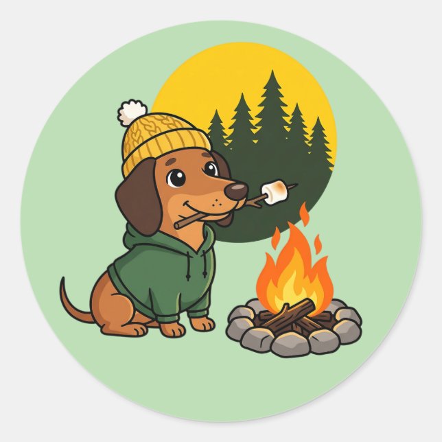 Camping Dachshund Roasting Marshmallow Classic Round Sticker (Front)