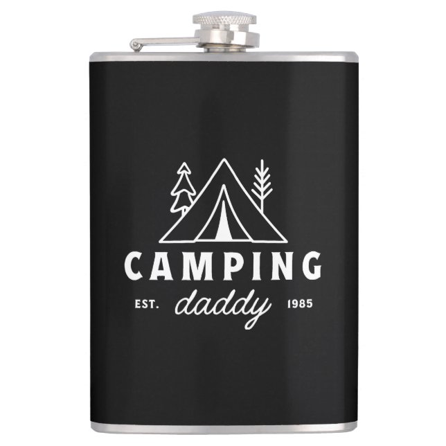 Camping dad funny father camper forest retro black hip flask (Front)