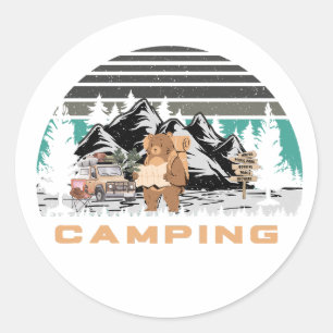 camping design featuring a cute bear, vintage car, classic round sticker