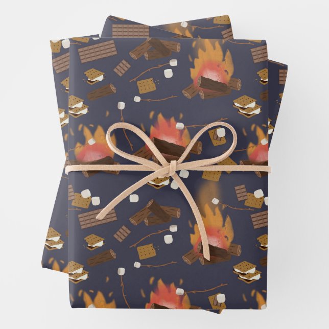 Camping Fire Outdoor Adventure & Marshmallows Wrapping Paper Sheet (In situ)