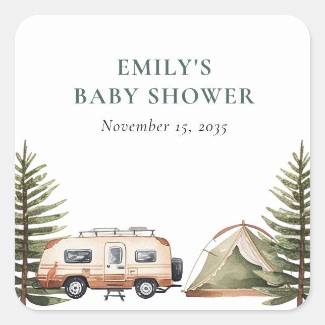 Camping Forest Watercolor Baby Shower Square Sticker (Front)