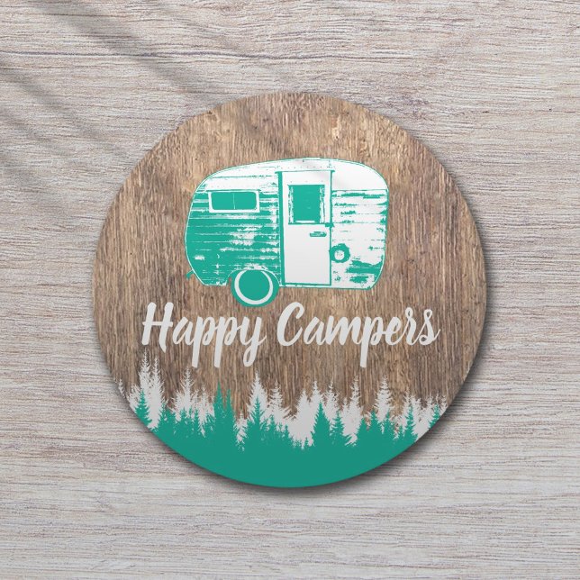 Camping Fun Happy Campers Rustic Forest Round Paper Coaster (Creator Uploaded)