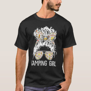 Camping Girl Messy Hair In Bun Sunglasses Bandana  T-Shirt