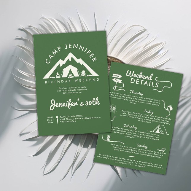 Camping Glamping Camp Weekend Green 30th Birthday Invitation (camping 30th birthday weekend itinerary modern minimalist camp mountains forest hunter green)