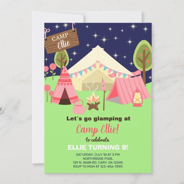 Camping glamping girl birthday invitation. invitation (Front)