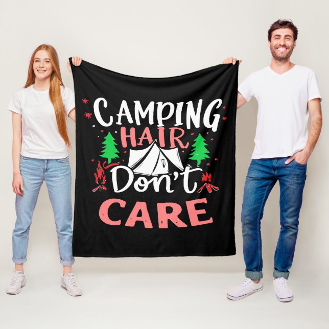 Camping Hair Don't Care Funny Fleece Blanket (In Situ)