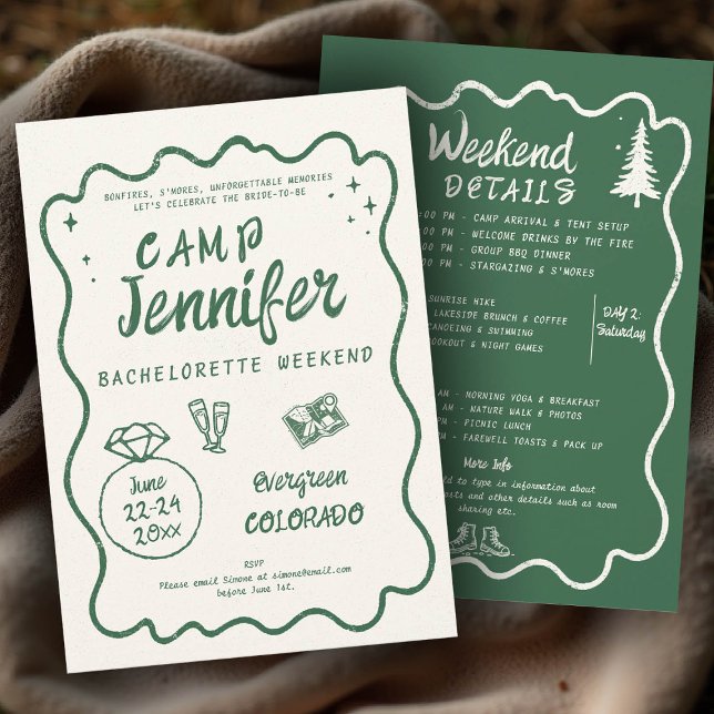 Camping Hand Drawn Green Bach Bachelorette Party Invitation (camp bachelorette invitation handwriting hand written camping glamping hiking itinerary bach green)