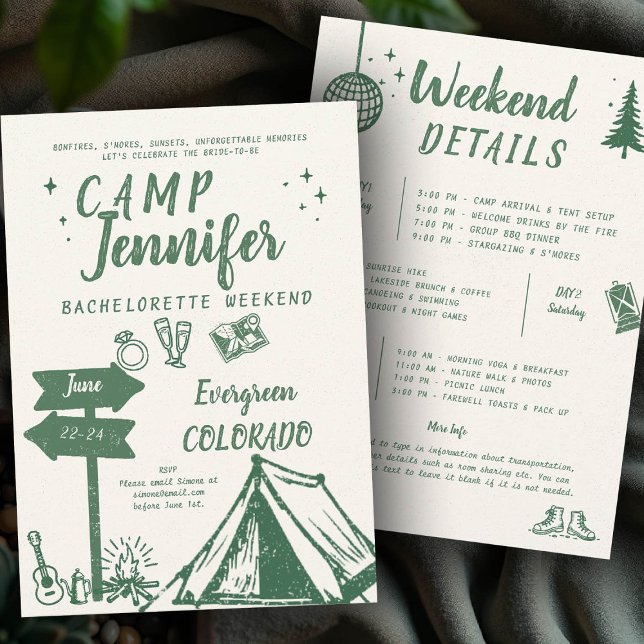 Camping Hand Writing Camp Green Bachelorette Party Invitation (camp bachelorette invitation handwriting hand written camping glamping hiking bach itinerary)