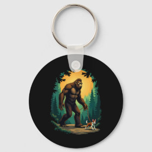 Camping Hiking Bigfoot Walking With Boston Terrier Key Ring