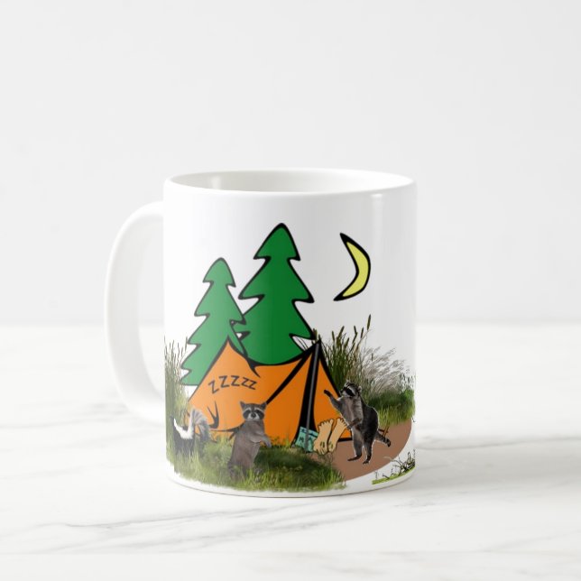 Camping in the Woods with Racoon Funny Coffee Mug (Front Left)
