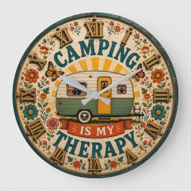 Camping Is My Therapy Floral Camping Gift  Large Clock (Front)