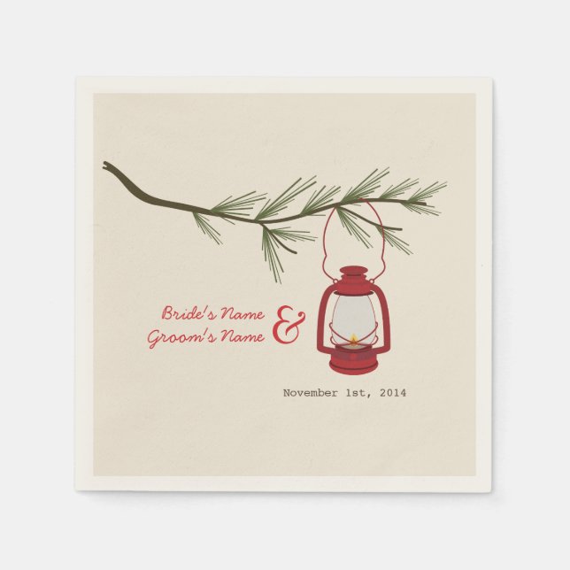 Camping Lantern + Evergreen Tree Wedding Napkins (Front)
