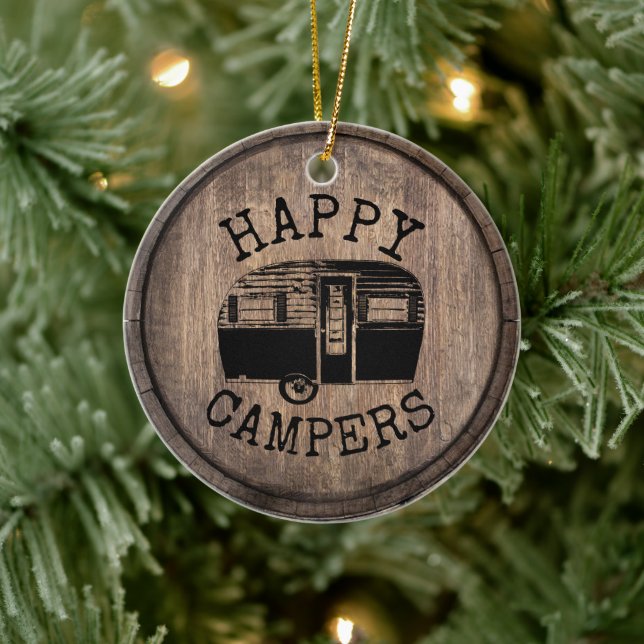 Camping Life Happy Campers Rustic Wood Ceramic Ornament (Tree)