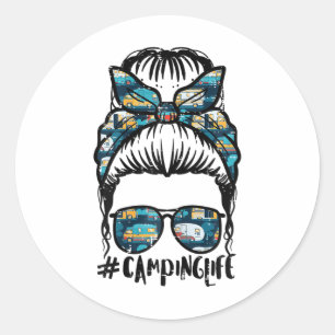 Camping Life Messy Bun Camp Camper Mum Women Girls Classic Round Sticker