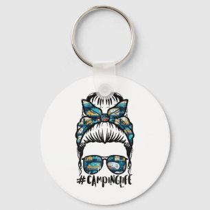 Camping Life Messy Bun Camp Camper Mum Women Girls Key Ring