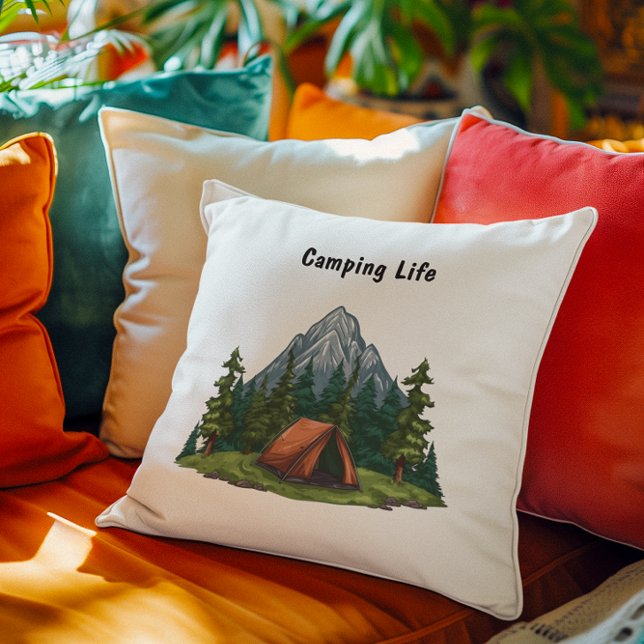 Camping Life, with a tent in the woods backpacking Cushion (Creator Uploaded)