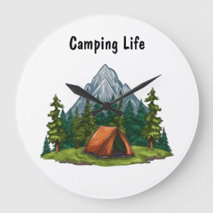 Camping Life, with a tent in the woods backpacking Large Clock