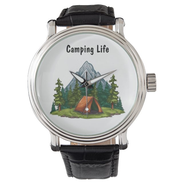 Camping Life, with a tent in the woods backpacking Watch (Front)