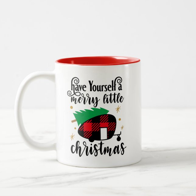 Camping Lovers Buffalo Plaid Trailer Christmas  Two-Tone Coffee Mug (Left)