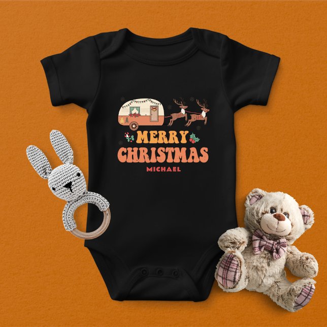Camping Merry Christmas Reindeer Personalised Name Baby Bodysuit (Creator Uploaded)