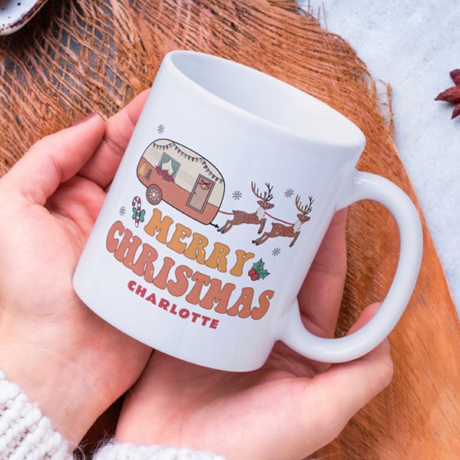 Camping Merry Christmas Reindeer Personalised Name Coffee Mug (Creator Uploaded)