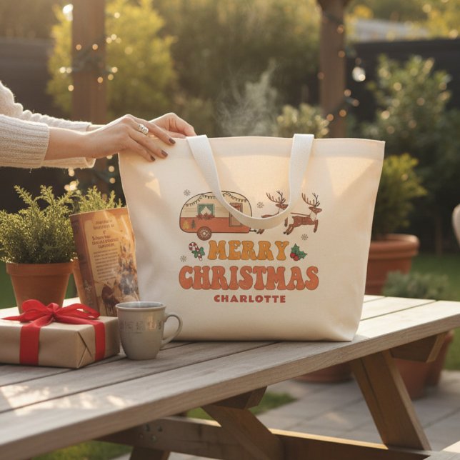 Camping Merry Christmas Reindeer Personalised Name Large Tote Bag (Creator Uploaded)