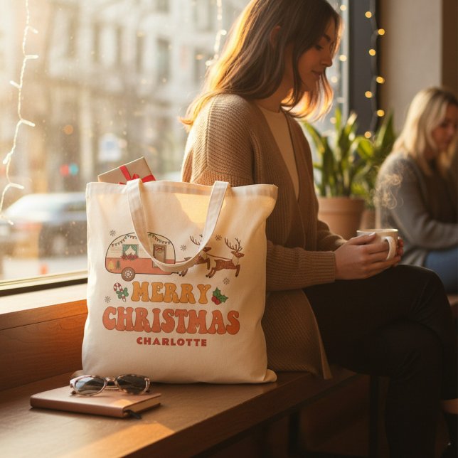 Camping Merry Christmas Reindeer Personalised Name Tote Bag (Creator Uploaded)