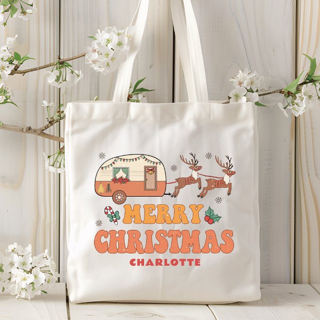 Camping Merry Christmas Reindeer Personalised Name Tote Bag (Creator Uploaded)