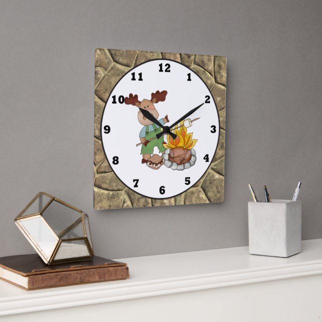 Camping Moose cartoon wall clock (Office)