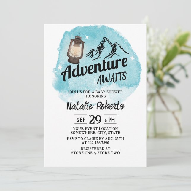 Camping Mountain Adventure Watercolor Baby Shower Invitation (Standing Front)