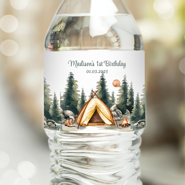 Camping Mountain Rustic Birthday Party Water Bottle Label (Creator Uploaded)