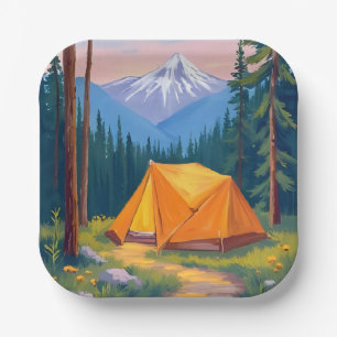 Camping Mountain Watercolor Painting Paper Plate