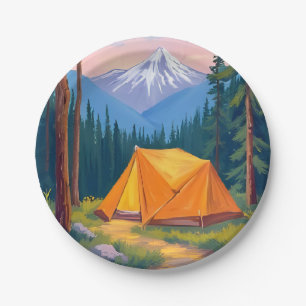Camping Mountain Watercolor Painting Paper Plate