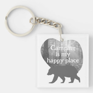 Camping my happy place black n white customisable key ring