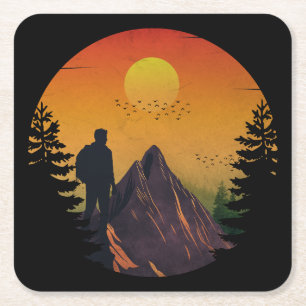 Camping nature sunset square paper coaster