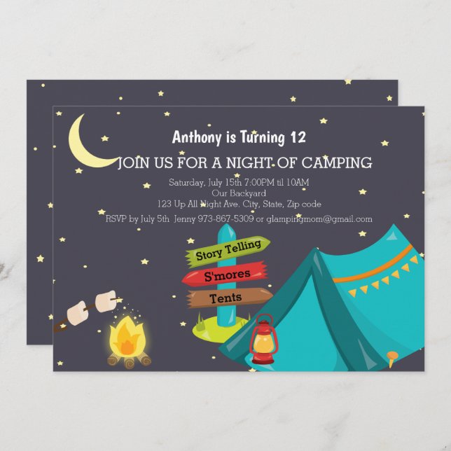 Camping Out With Campfire Birthday Party Invitation (Front/Back)