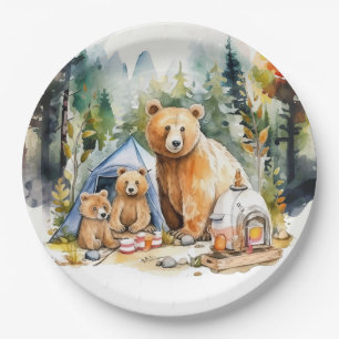 Camping Party Barbecue with bear family Paper Plate
