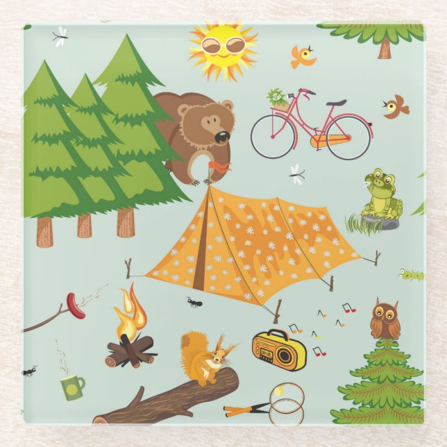 Camping Pattern Glass Coaster (Front)