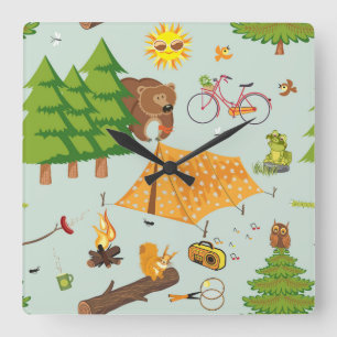Camping Pattern Square Wall Clock